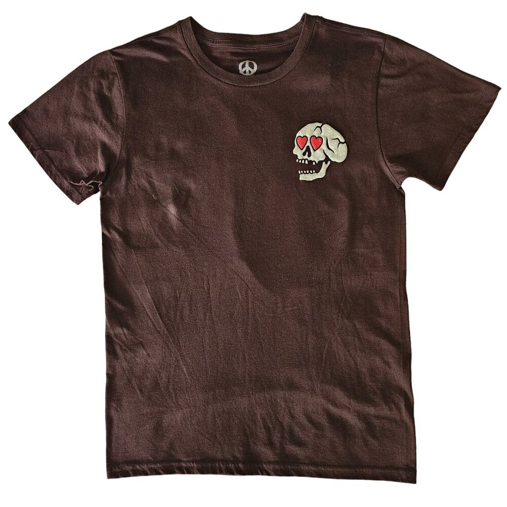 Peace Of Mind Unisex Adult Brown Skull W/ Heart Eyes Print Shirt Size Small NWOT - Picture 2 of 9